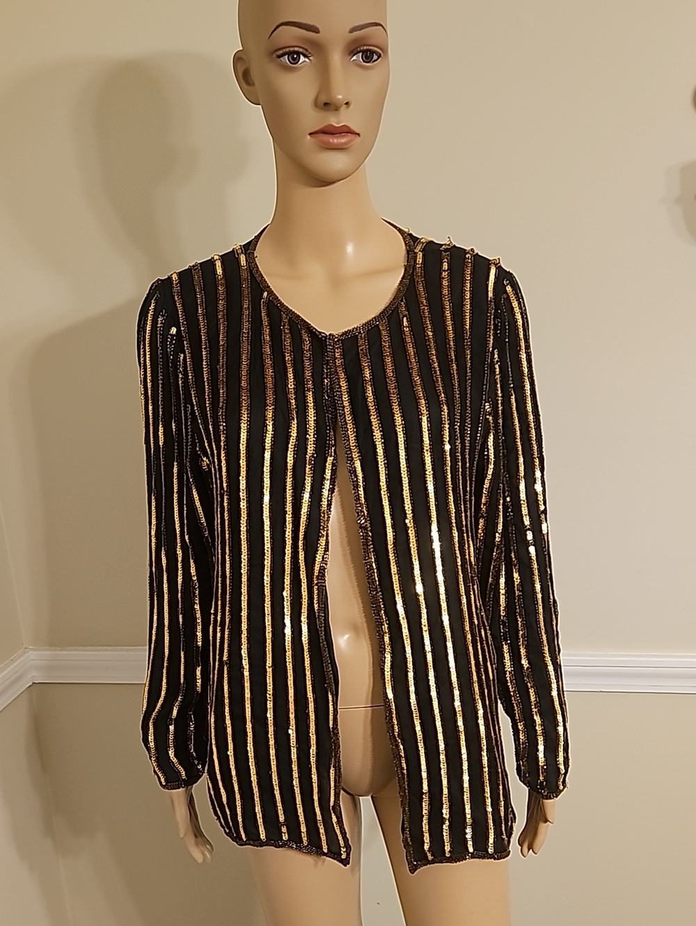 Black & Gold Striped Sequin Jacket - Women